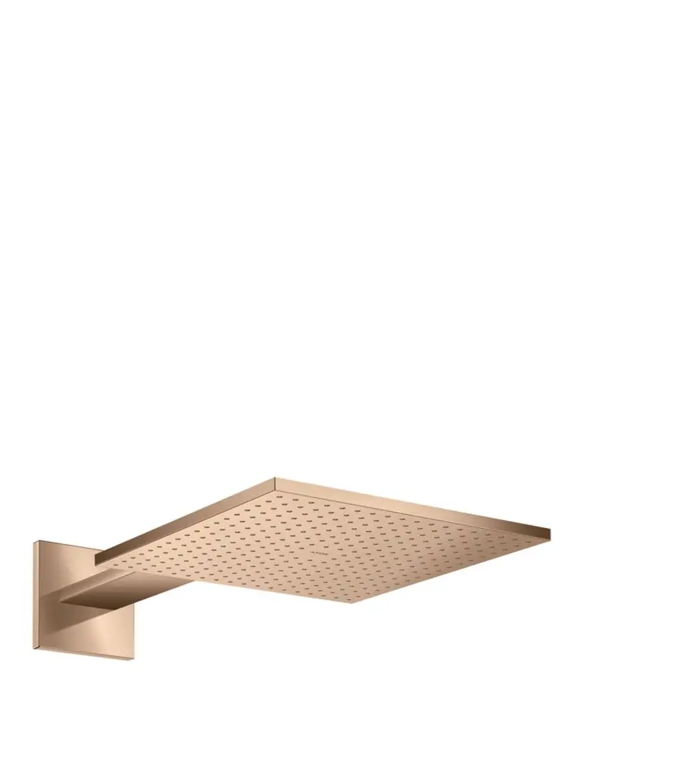 Kopfbrause mit quadratischem Design, montiert an einem kurzen Brausearm, in Polished Red Gold von AXOR. Dezent perforierte Oberfläche für Wasserstrahl.